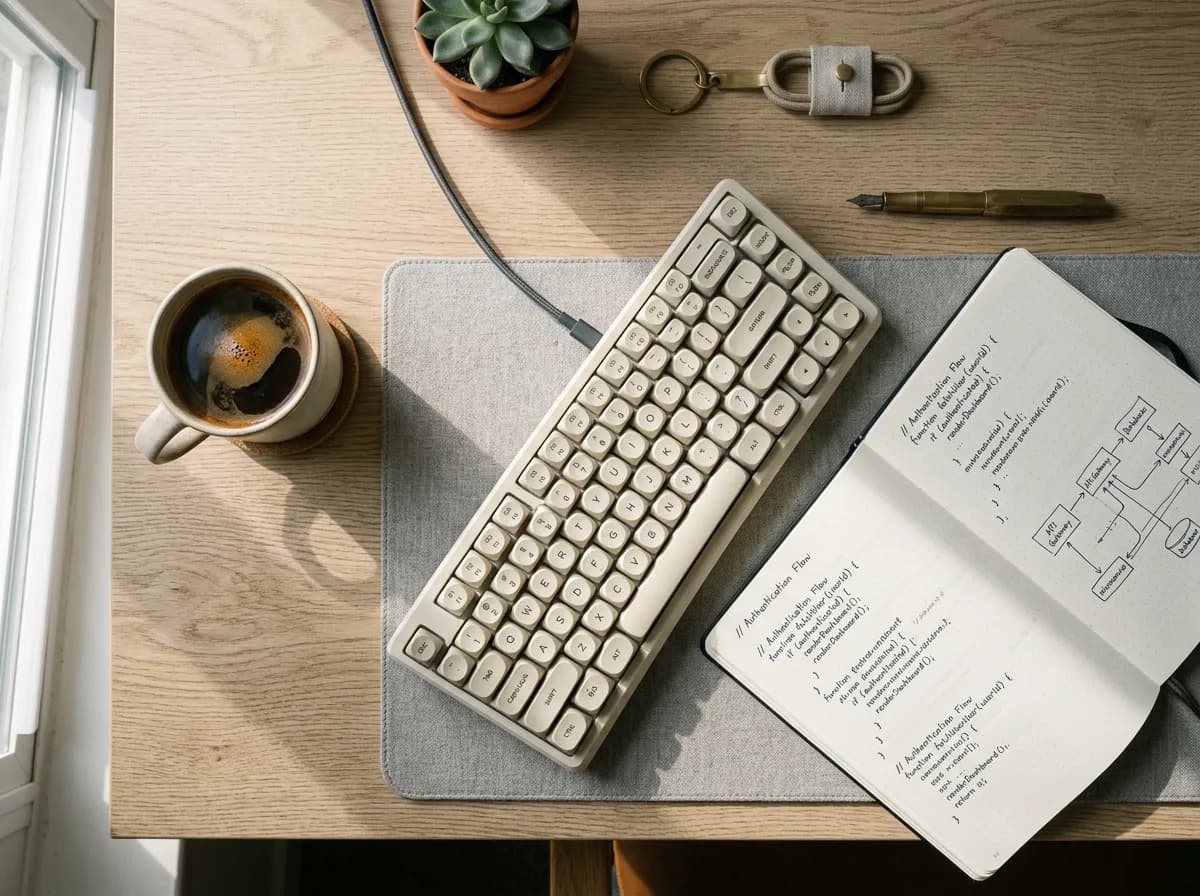 A software engineer's desk, seen from above: a mechanical keyboard, a cup of coffee and an open notebook with diagrams.